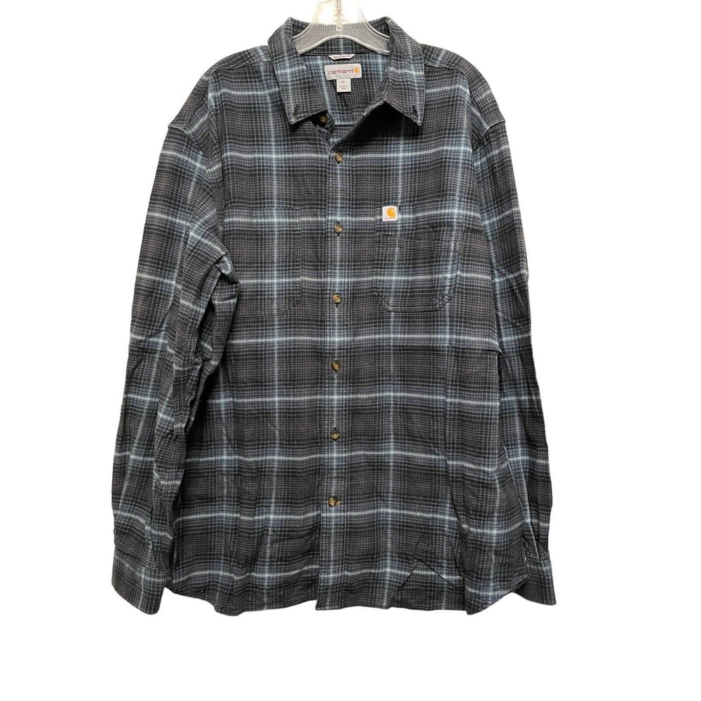Carhartt Flannel Long Sleeve Button Up Relaxed Fit Shirt Size XL Blue Gray Plaid
